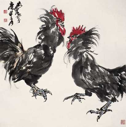 黄胄 庚申（1980年）作 斗鸡图 立轴